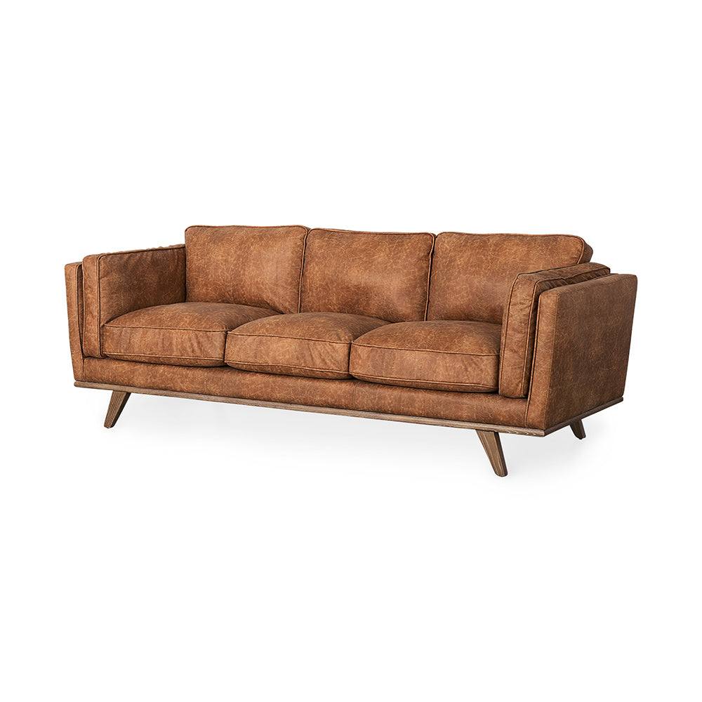 Mercana - Brooks 90.2L x 34.8W x 33.5H Cognac Brown Faux Leather Three Seater Sofa W/ Medium Brown Wooden Legs - 69619 view 1