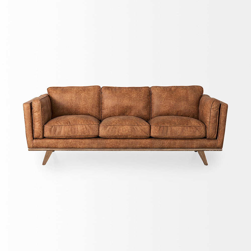 Mercana - Brooks 90.2L x 34.8W x 33.5H Cognac Brown Faux Leather Three Seater Sofa W/ Medium Brown Wooden Legs - 69619 view 3