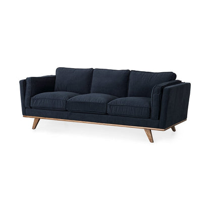 Mercana - Brooks 90.2L x 34.8W x 33.5H Navy Blue Fabric Three Seater Sofa W/ Medium Brown Wooden Legs - 69621 view 1