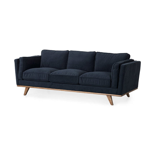 Mercana - Brooks 90.2L x 34.8W x 33.5H Navy Blue Fabric Three Seater Sofa W/ Medium Brown Wooden Legs - 69621 view 1