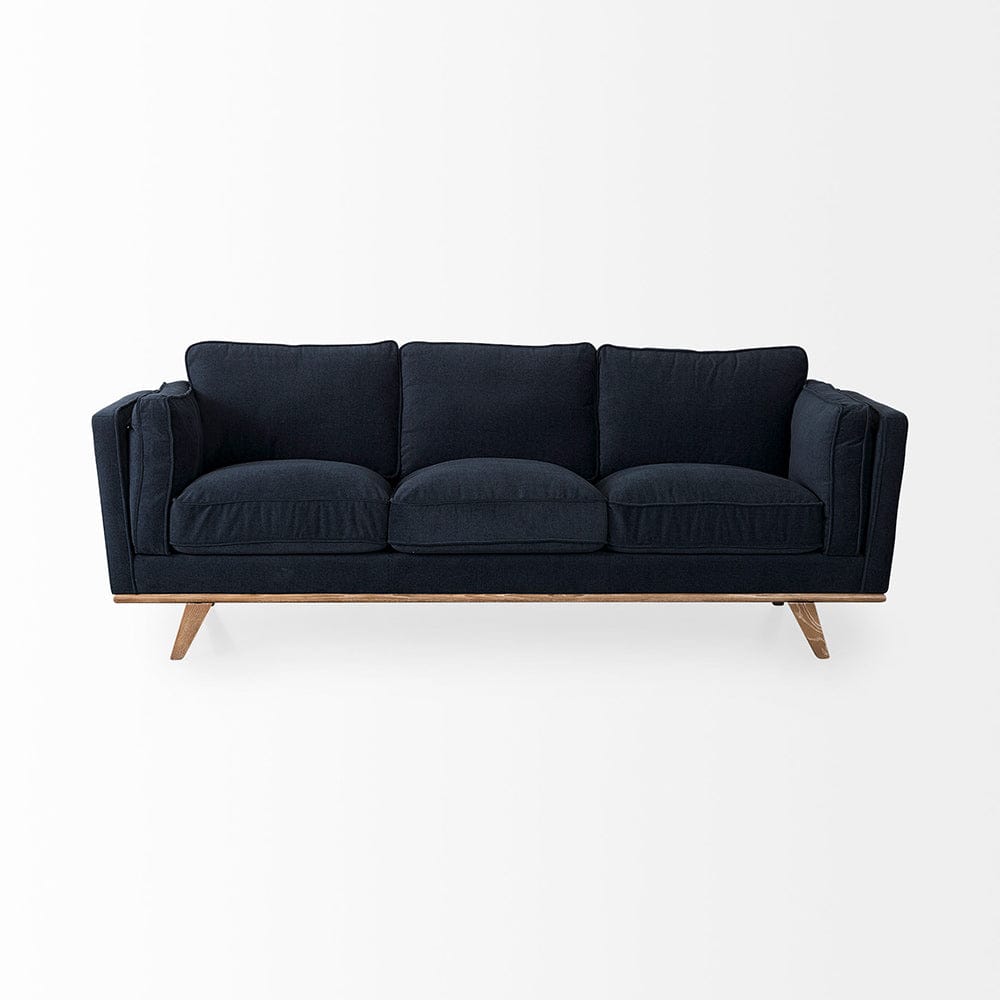 Mercana - Brooks 90.2L x 34.8W x 33.5H Navy Blue Fabric Three Seater Sofa W/ Medium Brown Wooden Legs - 69621 view 5