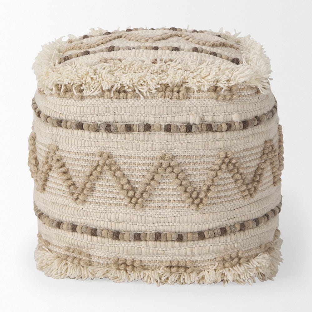 Mercana - Caela Beige/Brown Wool, Cotton and Felt Popcorn Stitch Square Pouf - 67585 view 3