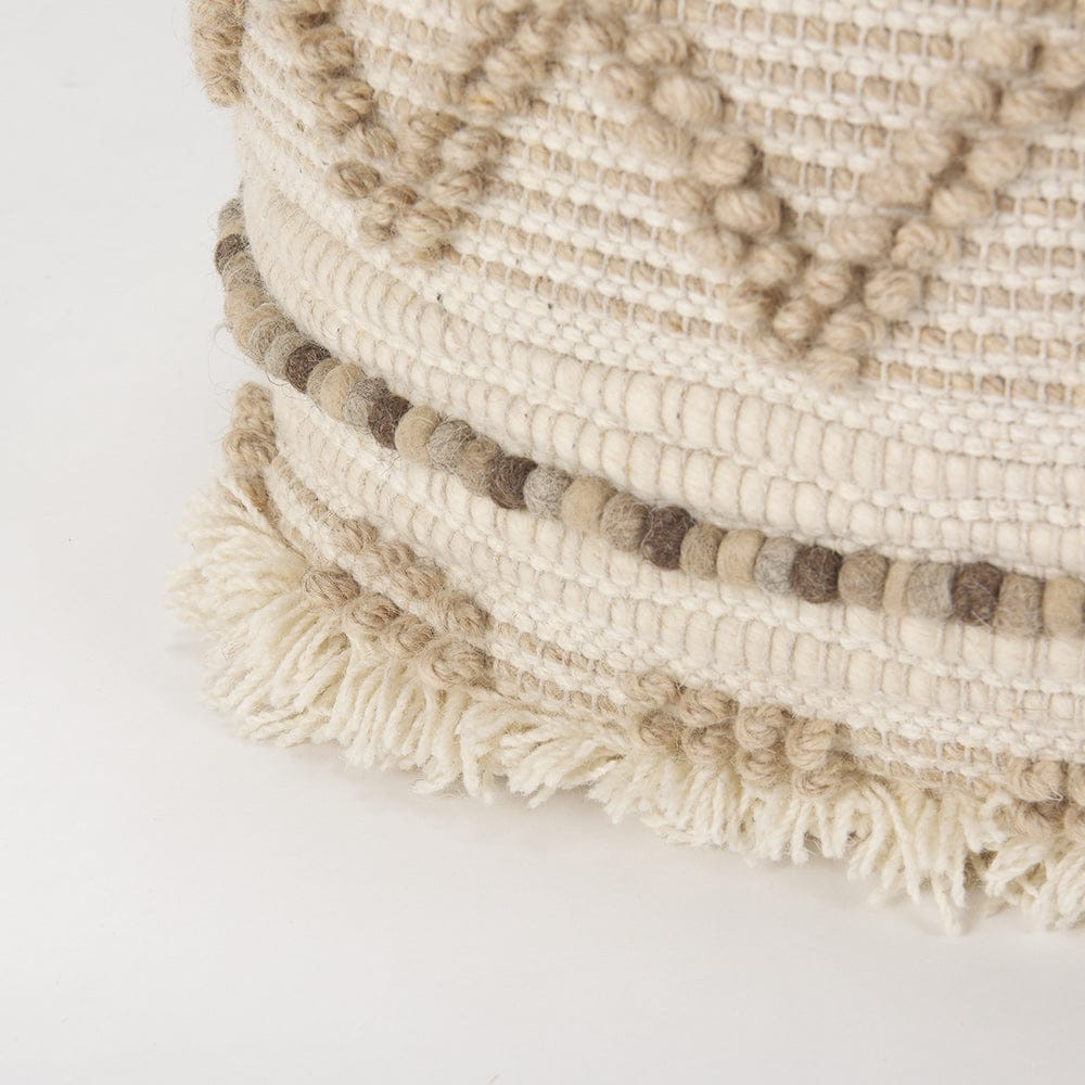 Mercana - Caela Beige/Brown Wool, Cotton and Felt Popcorn Stitch Square Pouf - 67585 view 7