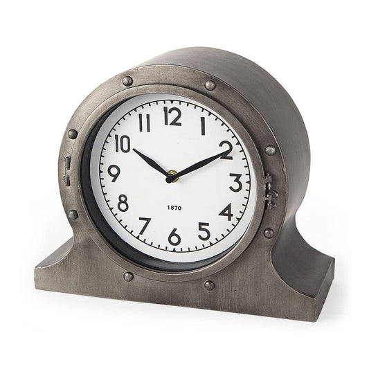 Mercana - Camden Gray Distressed Metal Porthole Table Clock - 68521 view 1