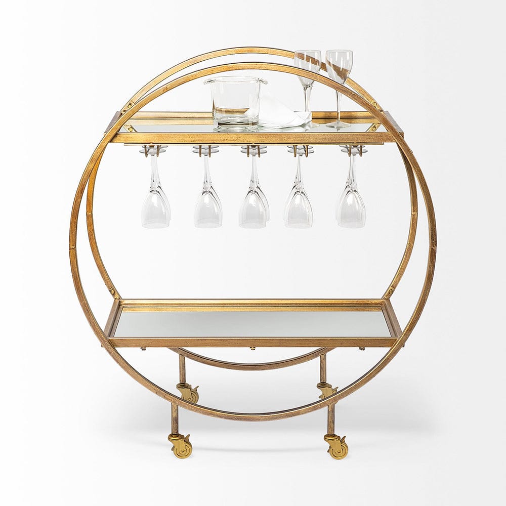 Mercana - Carola Gold Frame Two-Tier Glass Shelves w/Stemware Holder Bar Cart - 50363_CLOSEOUT view 3