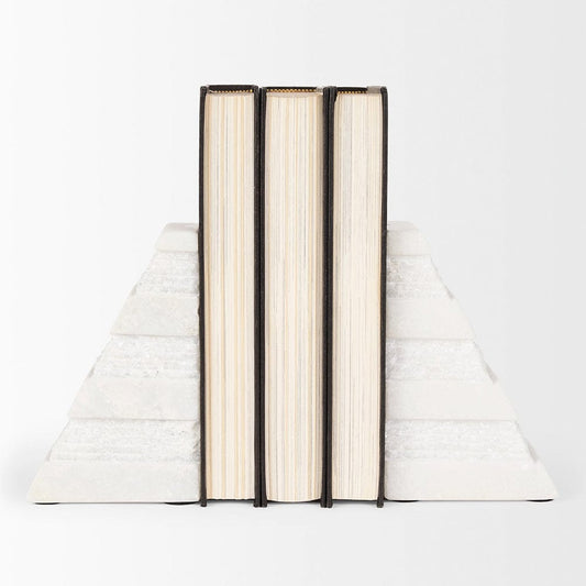 Mercana - Cavetto White Marble Bookends w/rough carving S/2 - 70504 view 2