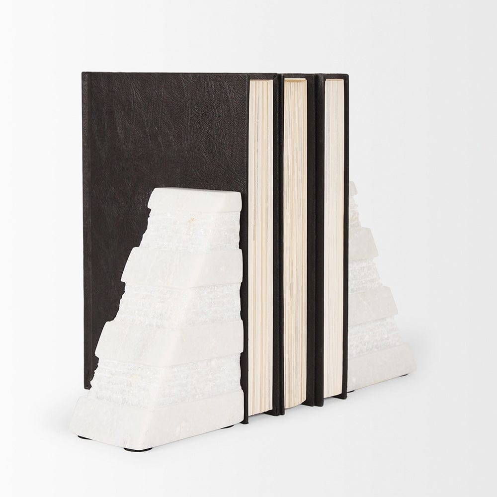 Mercana - Cavetto White Marble Bookends w/rough carving S/2 - 70504 view 4