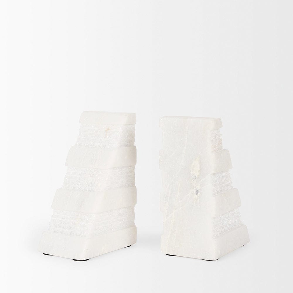 Mercana - Cavetto White Marble Bookends w/rough carving S/2 - 70504 view 5