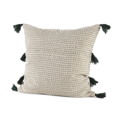 Mercana - Charmaine 18.0L x 18.0W x 0.2H Beige and Green Fabric W/Fringe Decorative Pillow Cover - 69411_CLOSEOUT view 1