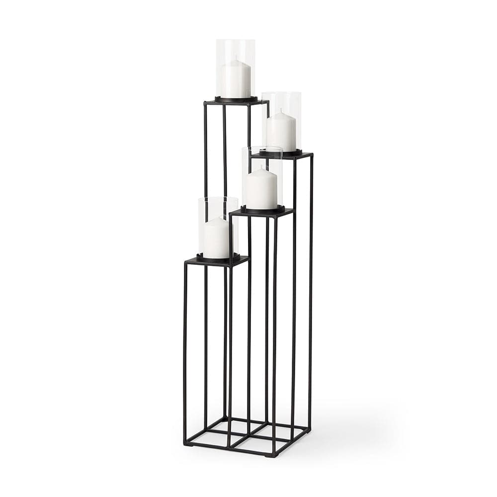 Mercana - Cindy 4-Tier, Matte Black Metal w/ Hurricane Glass, Pillar Candle Floor Lantern - 70043 view 1