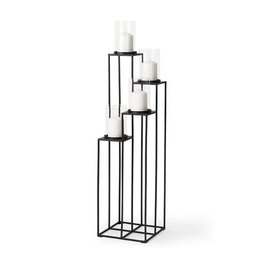 Mercana - Cindy 4-Tier, Matte Black Metal w/ Hurricane Glass, Pillar Candle Floor Lantern - 70043 view 1