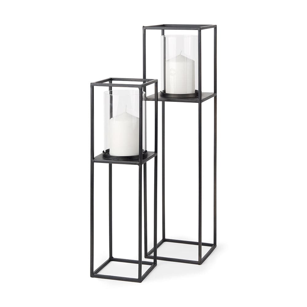 Mercana - Cindy Matte Black Metal and Hurricane Glass Pillar Tabletop Candle Holders (Set of 2) - 69849 view 1