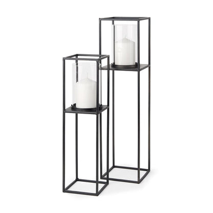 Mercana - Cindy Matte Black Metal and Hurricane Glass Pillar Tabletop Candle Holders (Set of 2) - 69849 view 1