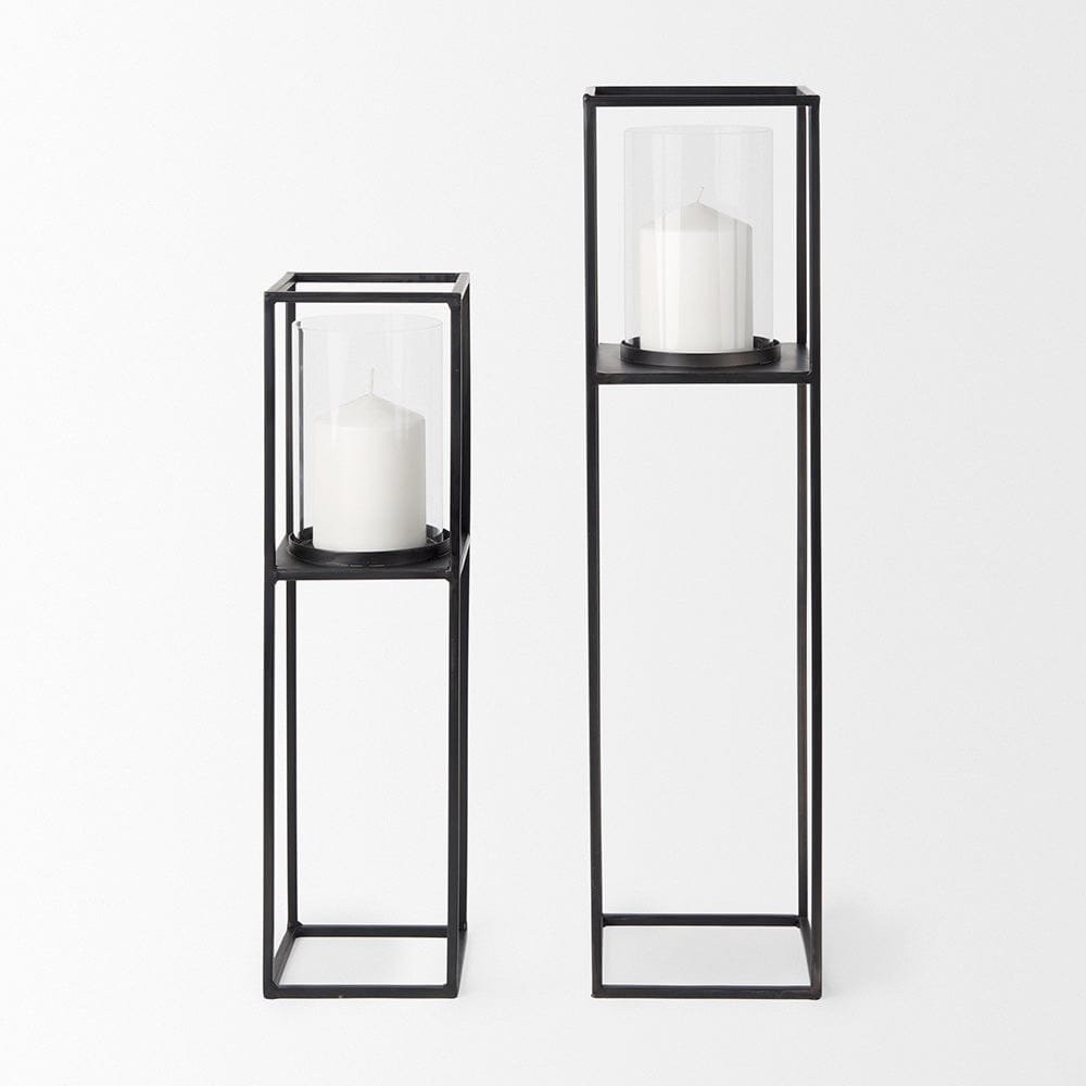 Mercana - Cindy Matte Black Metal and Hurricane Glass Pillar Tabletop Candle Holders (Set of 2) - 69849 view 2