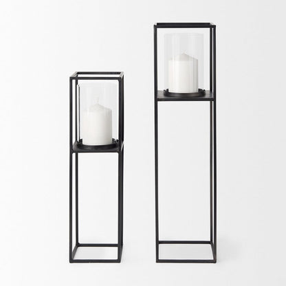 Mercana - Cindy Matte Black Metal and Hurricane Glass Pillar Tabletop Candle Holders (Set of 2) - 69849 view 2
