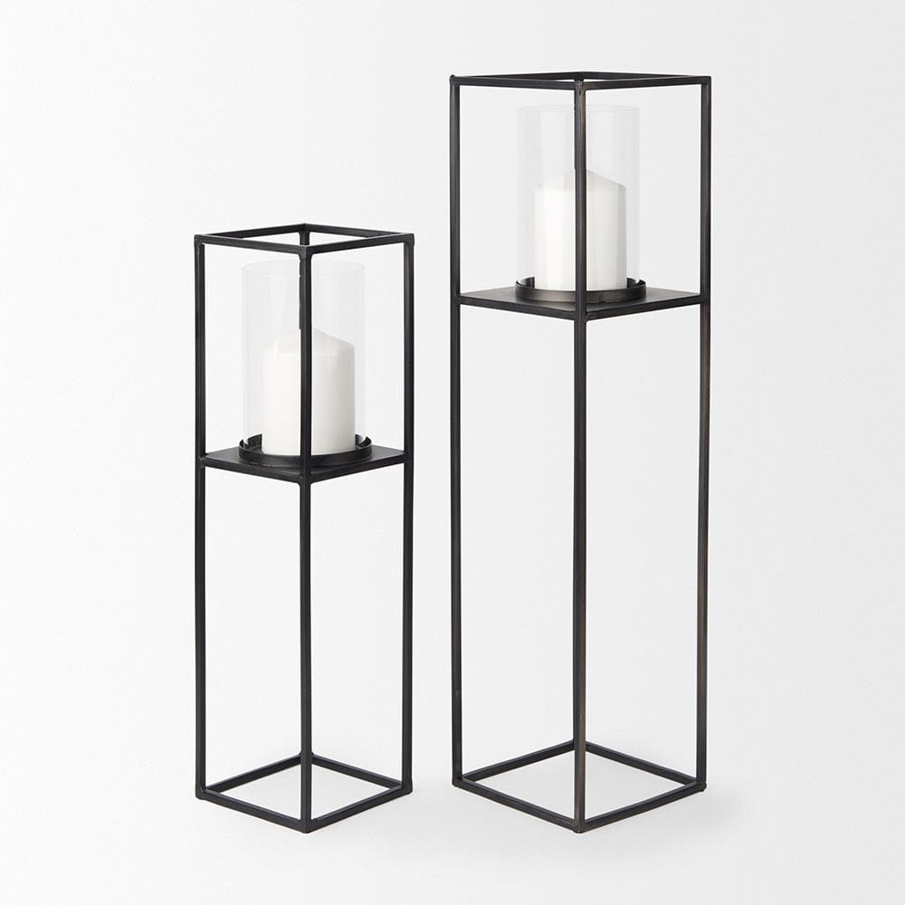 Mercana - Cindy Matte Black Metal and Hurricane Glass Pillar Tabletop Candle Holders (Set of 2) - 69849 view 3