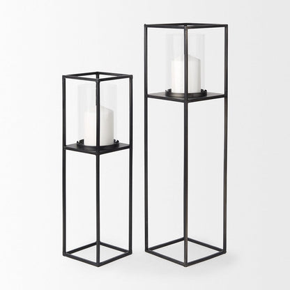 Mercana - Cindy Matte Black Metal and Hurricane Glass Pillar Tabletop Candle Holders (Set of 2) - 69849 view 3