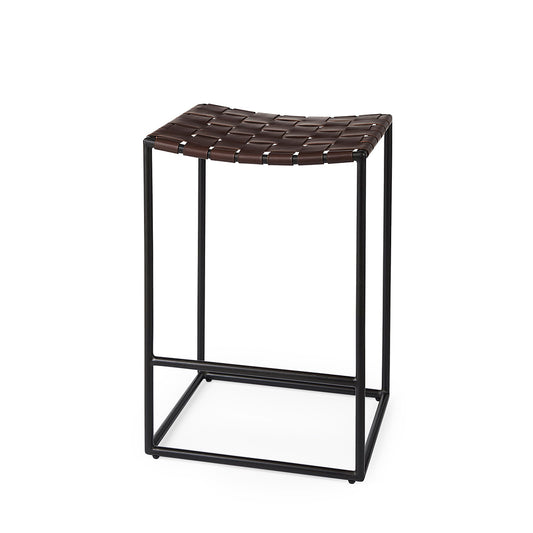 Mercana - Clarissa 18.0L x 16.0W x 26.25H Dark Brown Woven Leather Seat W/ Black Iron Frame Counter Stool - 69393 view 1