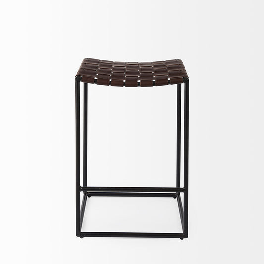 Mercana - Clarissa 18.0L x 16.0W x 26.25H Dark Brown Woven Leather Seat W/ Black Iron Frame Counter Stool - 69393 view 2