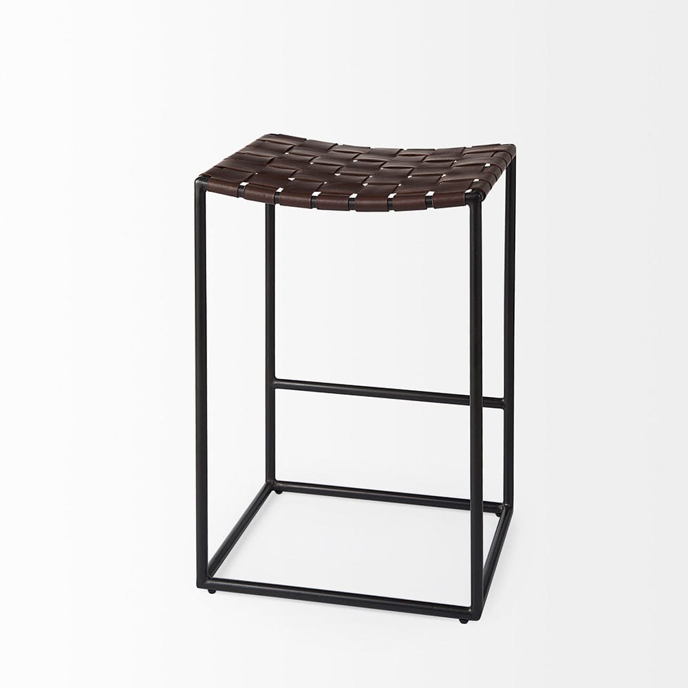 Mercana - Clarissa 18.0L x 16.0W x 26.25H Dark Brown Woven Leather Seat W/ Black Iron Frame Counter Stool - 69393 view 5