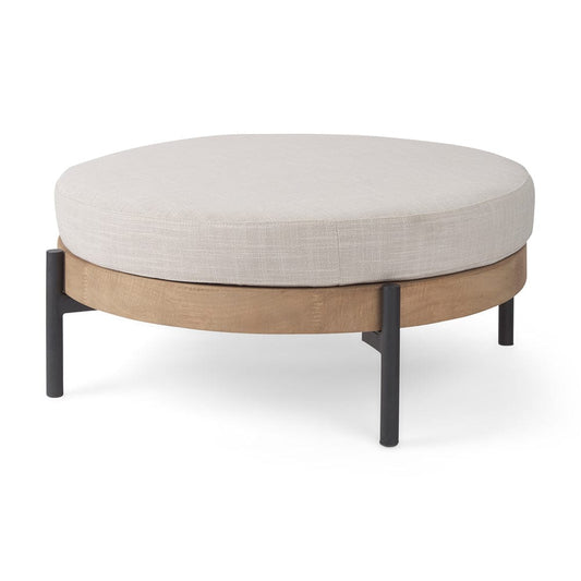Mercana - Colburne Cream Fabric w/ Brown Wood Round Ottoman - 70040_CLOSEOUT view 1