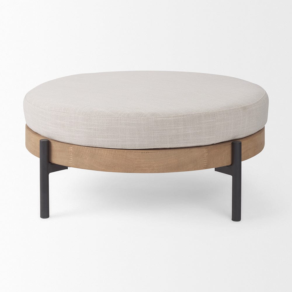Mercana - Colburne Cream Fabric w/ Brown Wood Round Ottoman - 70040_CLOSEOUT view 2