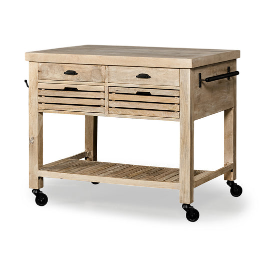Mercana - Columbia II Light Brown Base with Black Iron Knobs Rolling Kitchen Island - 67690_CLOSEOUT view 1