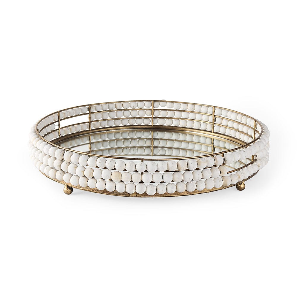 Mercana - Decatur I 21L x 21W White Wooden Bead Mirrored Bottom Round Tray - 68674 view 1