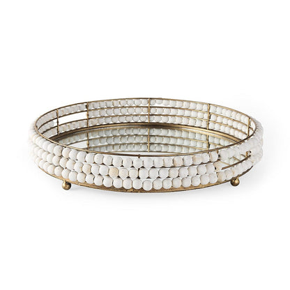 Mercana - Decatur I 21L x 21W White Wooden Bead Mirrored Bottom Round Tray - 68674 view 1