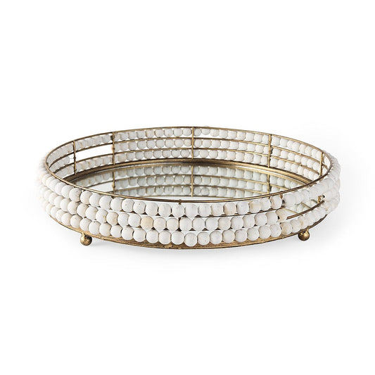 Mercana - Decatur I 21L x 21W White Wooden Bead Mirrored Bottom Round Tray - 68674 view 1