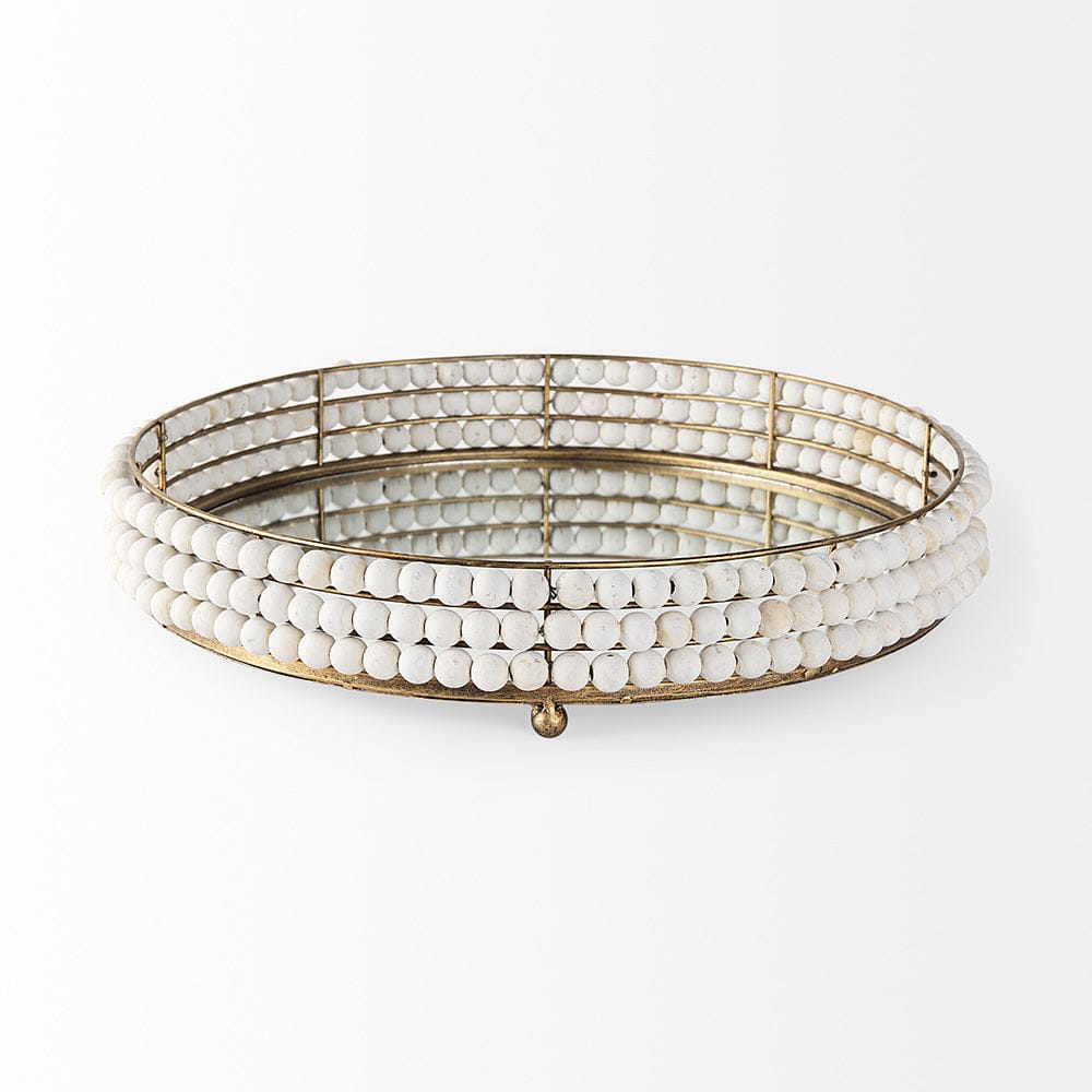 Mercana - Decatur I 21L x 21W White Wooden Bead Mirrored Bottom Round Tray - 68674 view 2