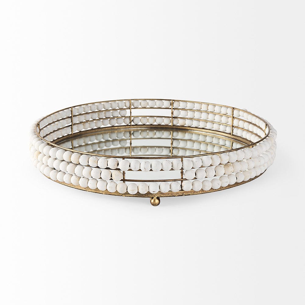 Mercana - Decatur I 21L x 21W White Wooden Bead Mirrored Bottom Round Tray - 68674 view 3
