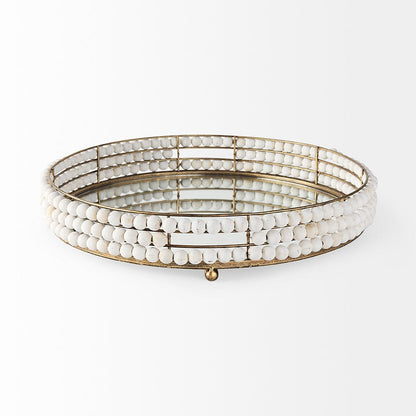Mercana - Decatur I 21L x 21W White Wooden Bead Mirrored Bottom Round Tray - 68674 view 3
