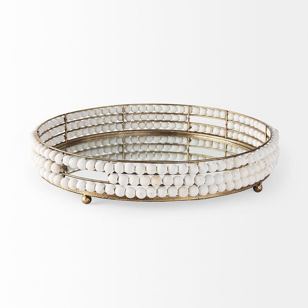 Mercana - Decatur I 21L x 21W White Wooden Bead Mirrored Bottom Round Tray - 68674 view 4