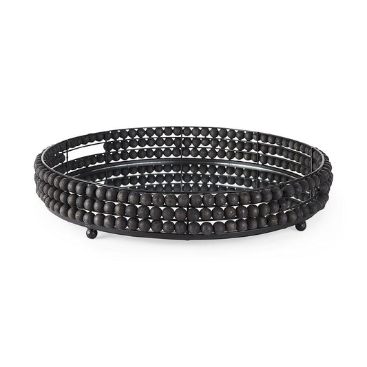 Mercana - Decatur II 21L x 21W Black Wooden Bead Mirrored Bottom Round Tray - 68675 view 1