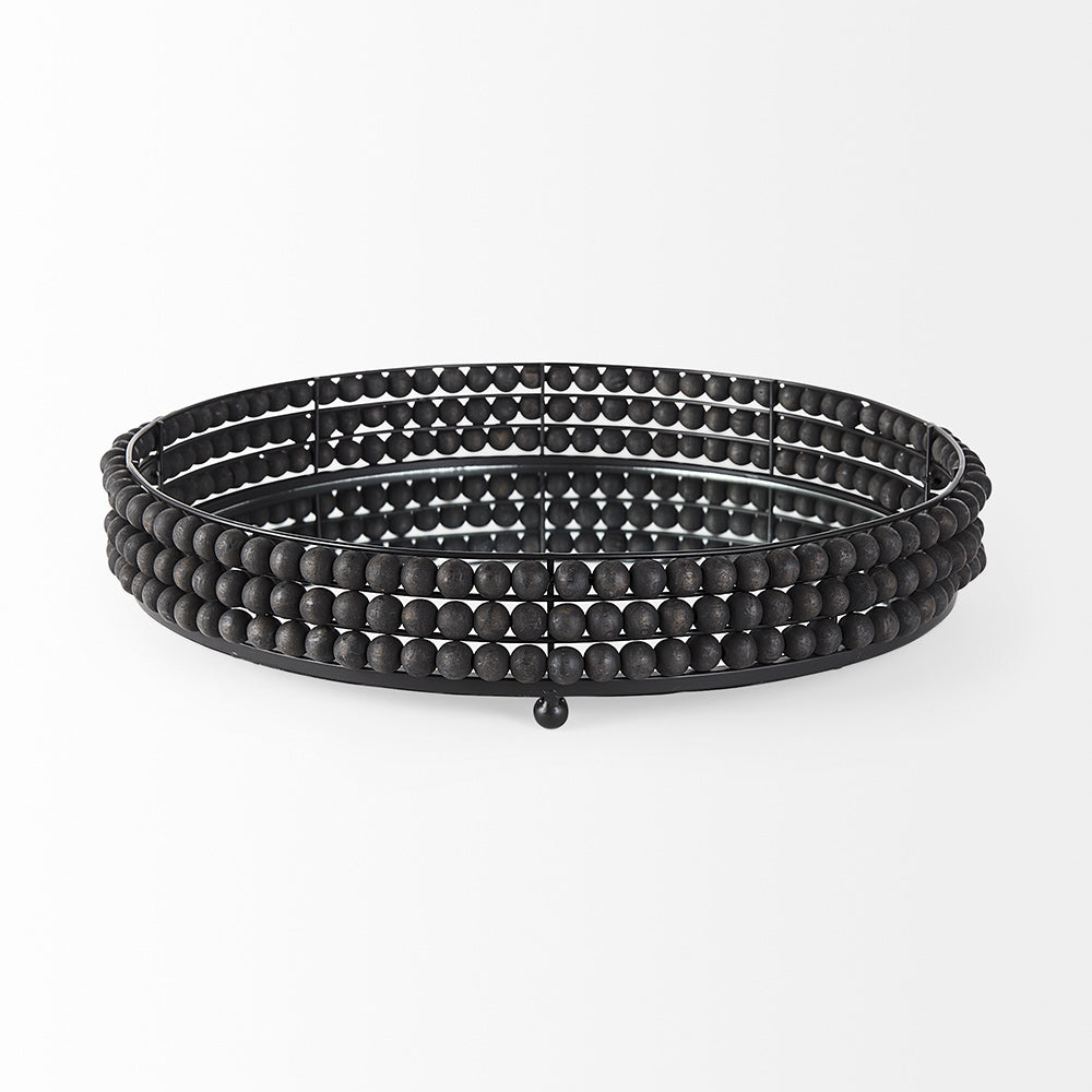 Mercana - Decatur II 21L x 21W Black Wooden Bead Mirrored Bottom Round Tray - 68675 view 2