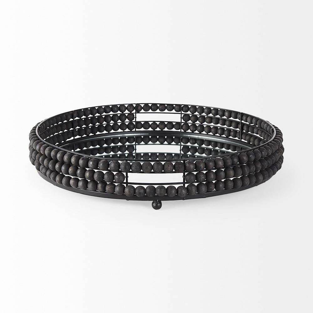 Mercana - Decatur II 21L x 21W Black Wooden Bead Mirrored Bottom Round Tray - 68675 view 3