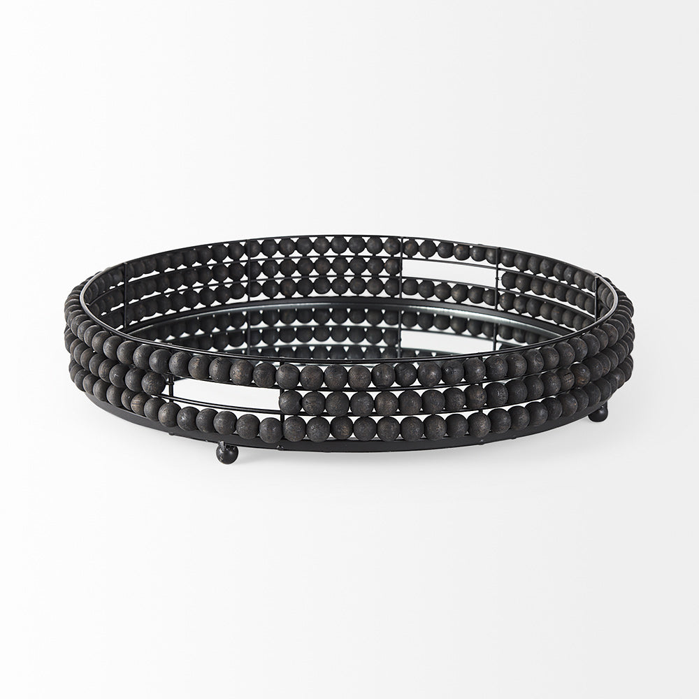 Mercana - Decatur II 21L x 21W Black Wooden Bead Mirrored Bottom Round Tray - 68675 view 4