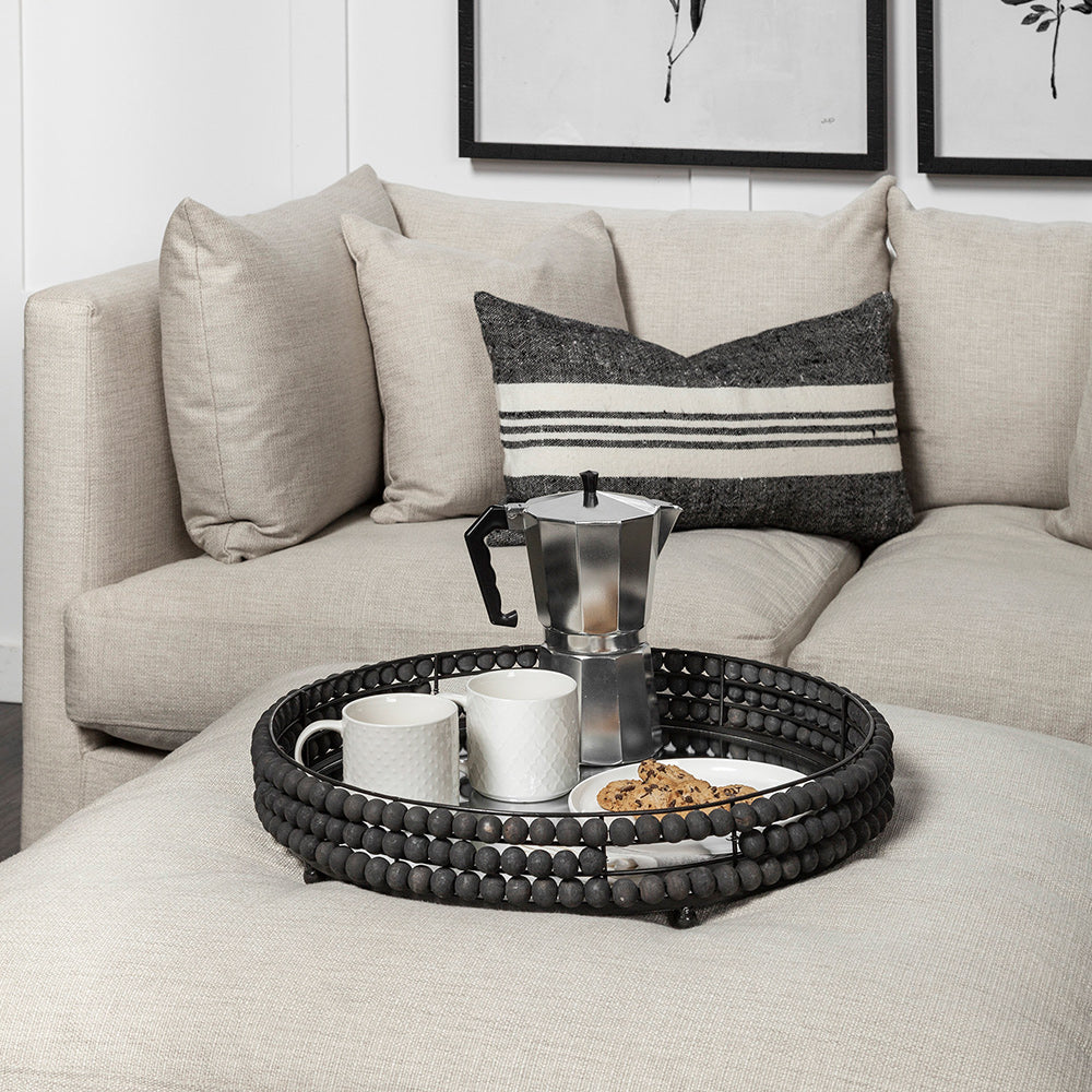 Mercana - Decatur II 21L x 21W Black Wooden Bead Mirrored Bottom Round Tray - 68675 view 7