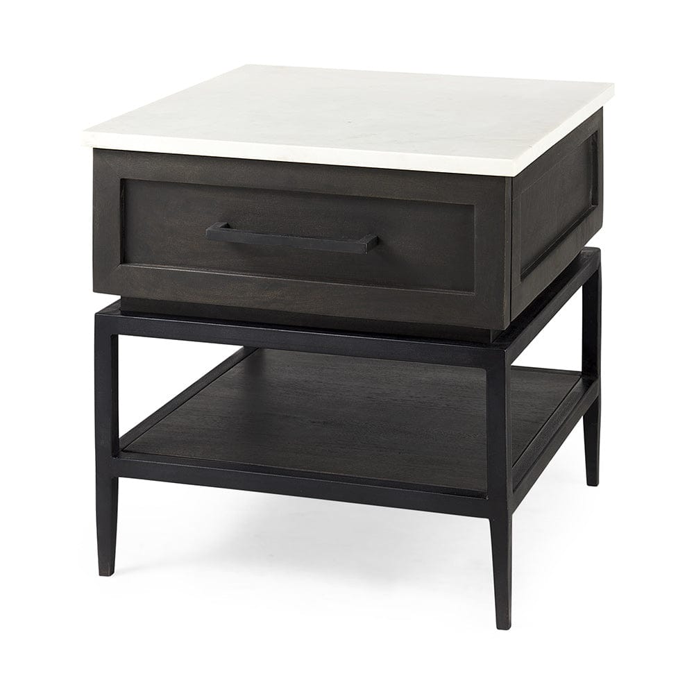 Mercana - Divina Black-Brown Wood w/ White Marble Top and Black Metal Base 1 Drawer Side Table - 69237 view 1