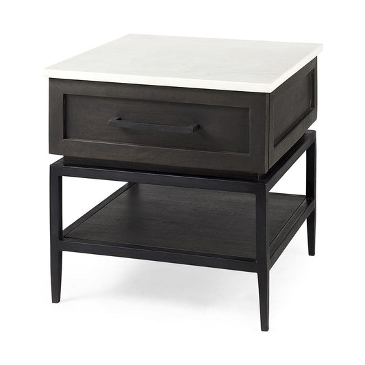 Mercana - Divina Black-Brown Wood w/ White Marble Top and Black Metal Base 1 Drawer Side Table - 69237 view 1