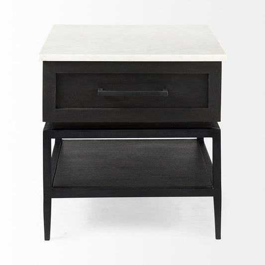 Mercana - Divina Black-Brown Wood w/ White Marble Top and Black Metal Base 1 Drawer Side Table - 69237 view 2