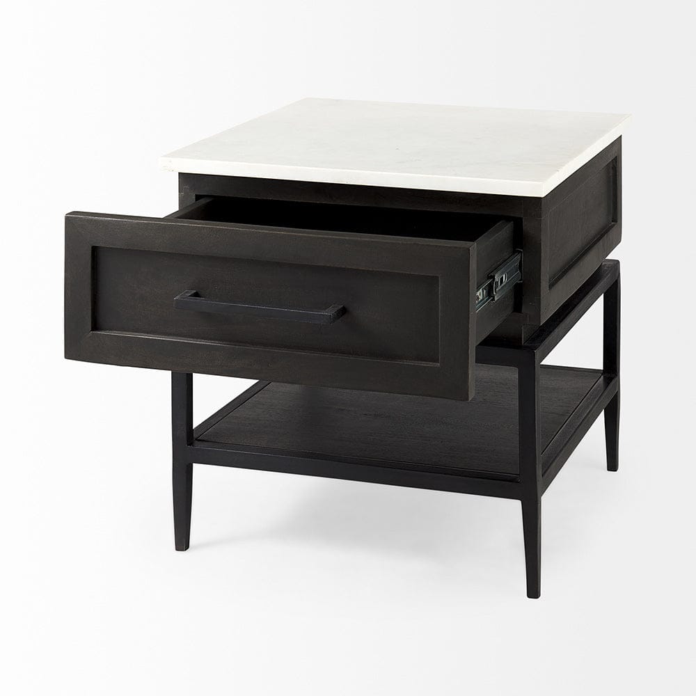 Mercana - Divina Black-Brown Wood w/ White Marble Top and Black Metal Base 1 Drawer Side Table - 69237 view 5