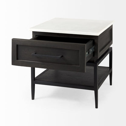 Mercana - Divina Black-Brown Wood w/ White Marble Top and Black Metal Base 1 Drawer Side Table - 69237 view 5