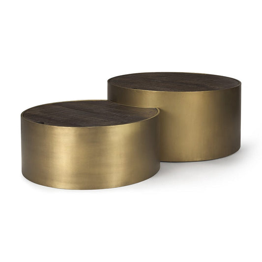 Mercana - Eclipse Antique Brass Metal Drum Base w/ Dark Brown Wood Top Nested Coffee Table - 67828 view 1