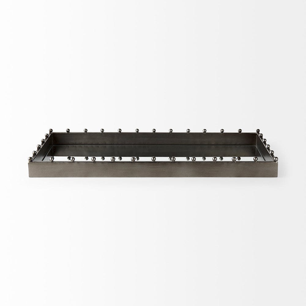 Mercana - Elio 29.9L x 13.0W x 2.6H Gun Metal Gray Metal W/Studs and Mirrored Bottom Rectangle Tray - 69682 view 2
