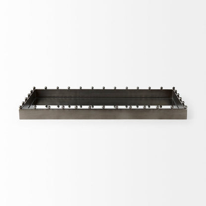 Mercana - Elio 29.9L x 13.0W x 2.6H Gun Metal Gray Metal W/Studs and Mirrored Bottom Rectangle Tray - 69682 view 2