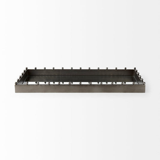 Mercana - Elio 29.9L x 13.0W x 2.6H Gun Metal Gray Metal W/Studs and Mirrored Bottom Rectangle Tray - 69682 view 2
