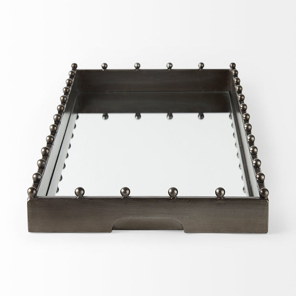 Mercana - Elio 29.9L x 13.0W x 2.6H Gun Metal Gray Metal W/Studs and Mirrored Bottom Rectangle Tray - 69682 view 3