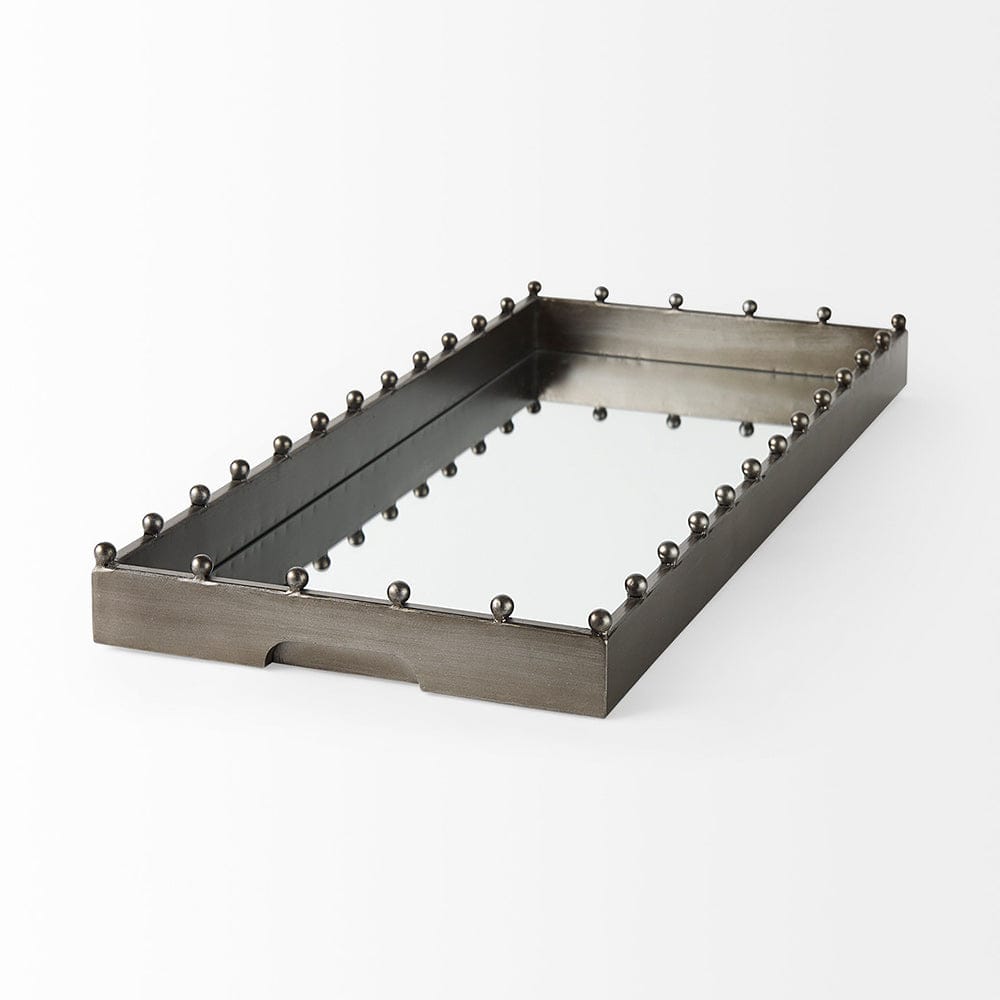 Mercana - Elio 29.9L x 13.0W x 2.6H Gun Metal Gray Metal W/Studs and Mirrored Bottom Rectangle Tray - 69682 view 4